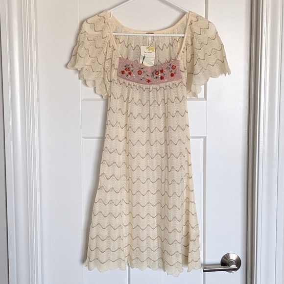 Free People Cream Lace Dress Tunic with Floral Embroidery - Wool Blend sz XS - Picture 1 of 5